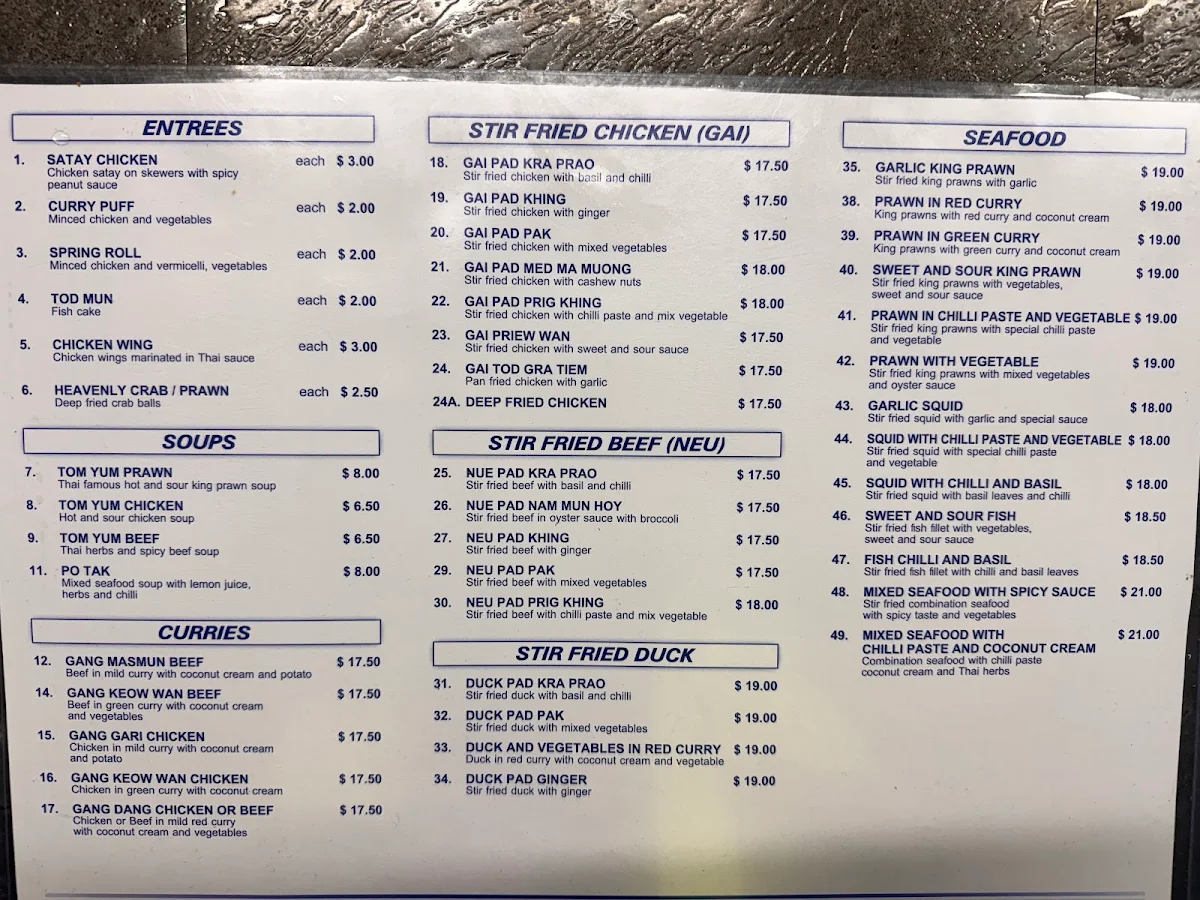 Menu, Ben's The Thai Takeaway