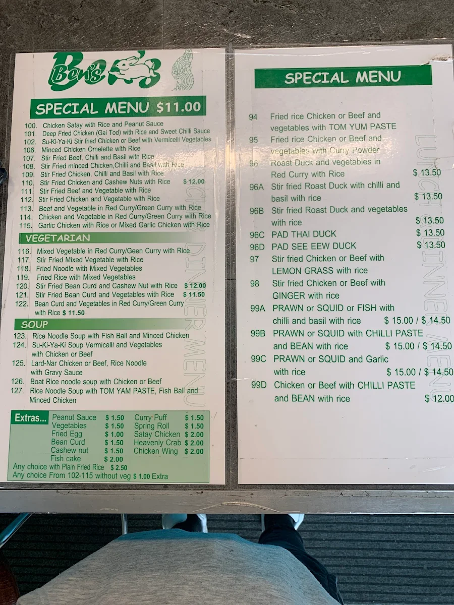 Menu, Ben's The Thai Takeaway