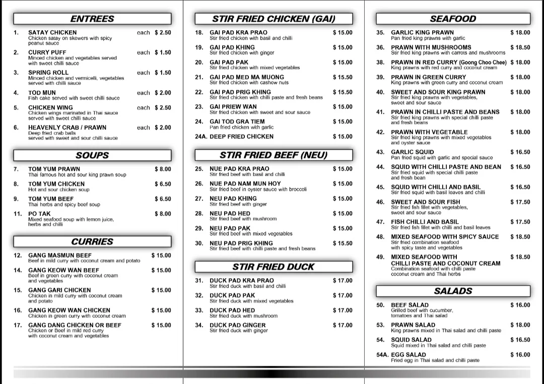 Menu, Ben's The Thai Takeaway