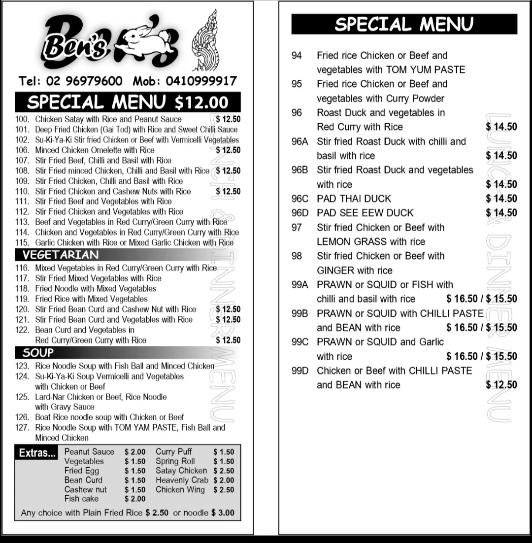 Menu, Ben's The Thai Takeaway