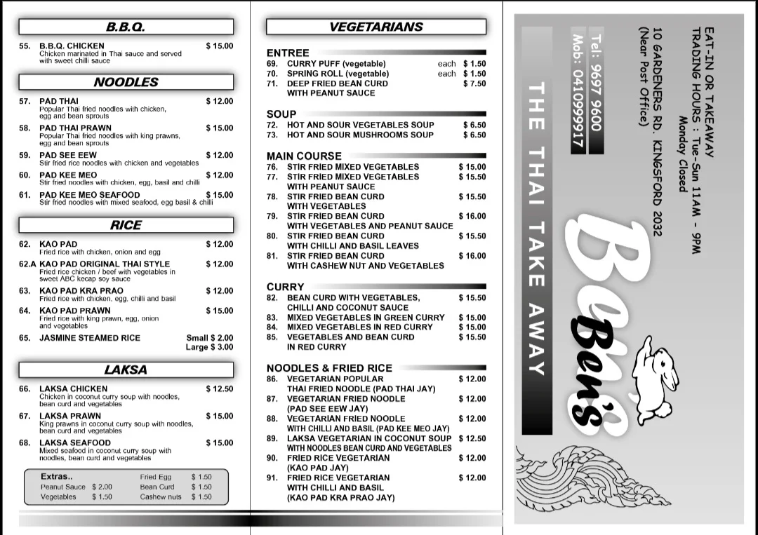 Menu, Ben's The Thai Takeaway