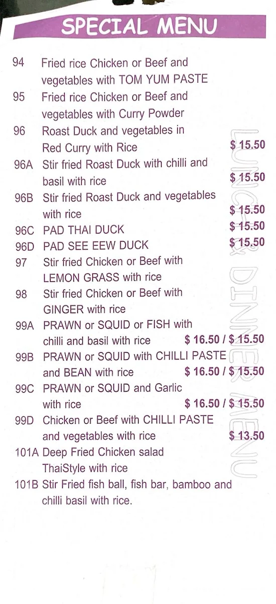 Menu, Ben's The Thai Takeaway