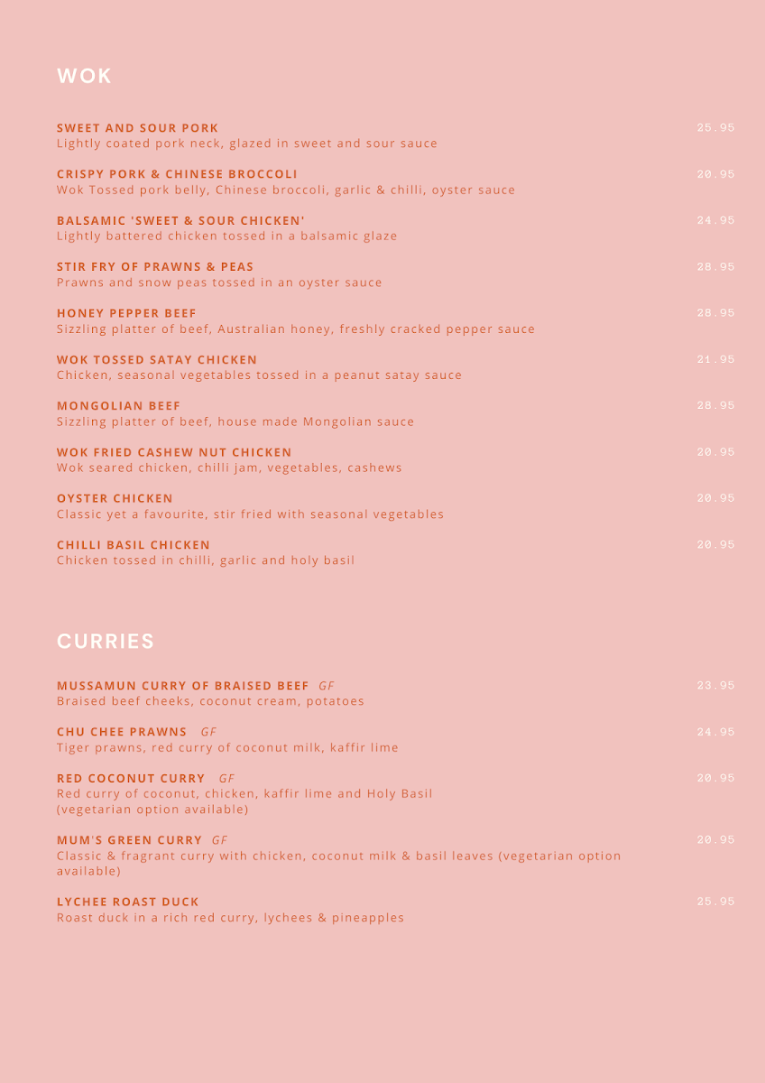 Menu, Lane 198 | Thai and Asian Fusion restaurant in Gladesville