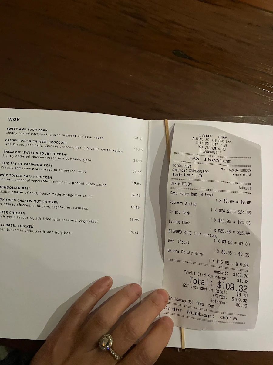 Menu, Lane 198 | Thai and Asian Fusion restaurant in Gladesville