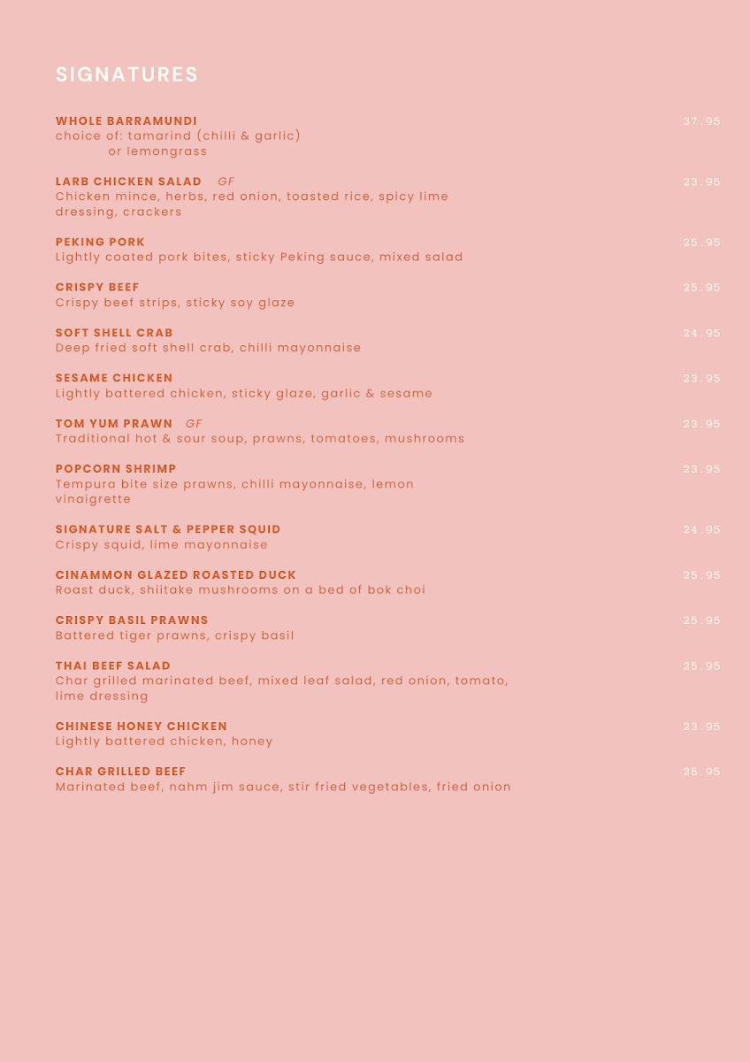 Menu, Lane 198 | Thai and Asian Fusion restaurant in Gladesville