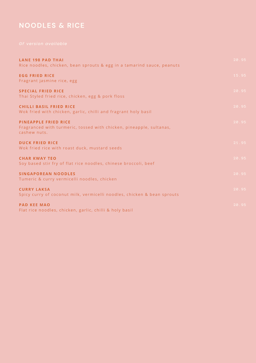 Menu, Lane 198 | Thai and Asian Fusion restaurant in Gladesville