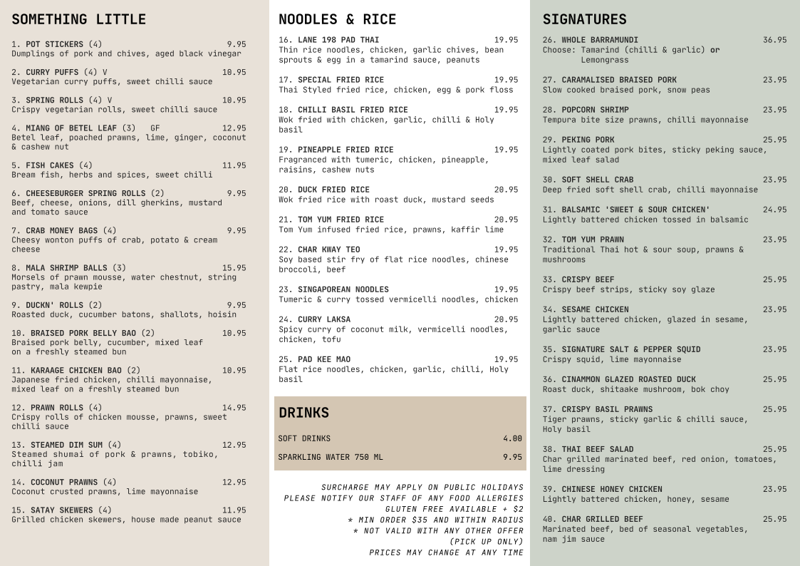 Menu, Lane 198 | Thai and Asian Fusion restaurant in Gladesville