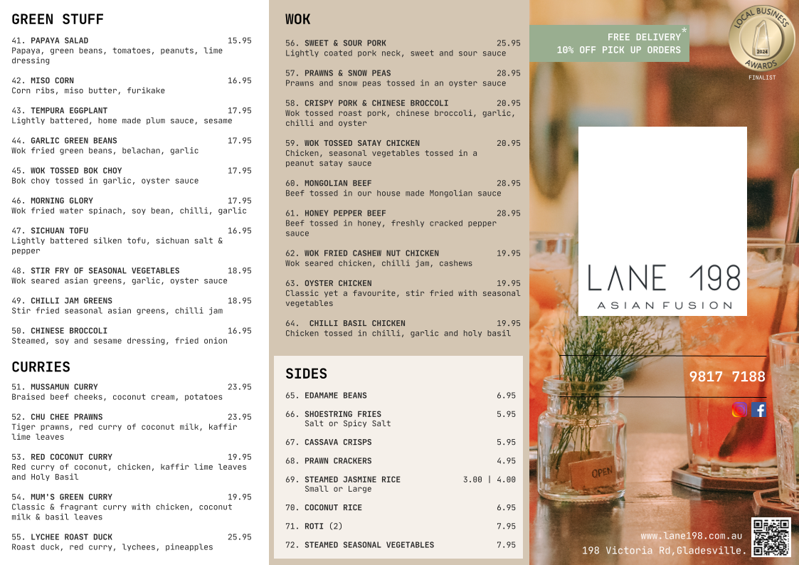 Menu, Lane 198 | Thai and Asian Fusion restaurant in Gladesville