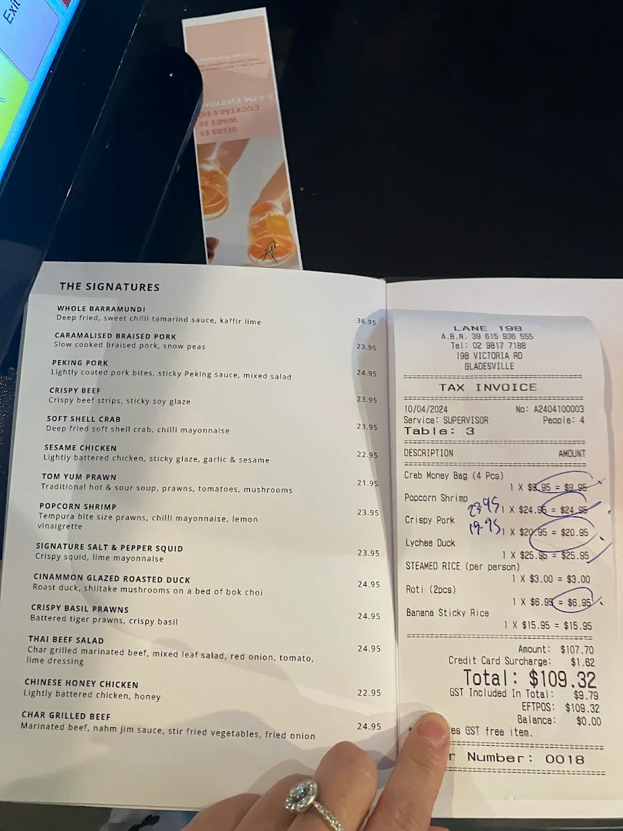 Menu, Lane 198 | Thai and Asian Fusion restaurant in Gladesville