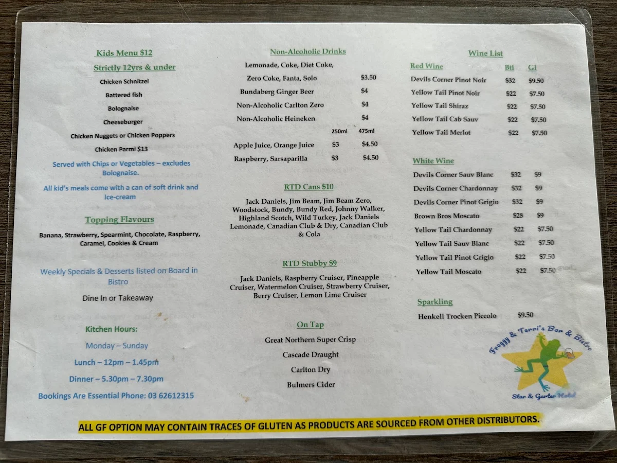 Menu, The Star & Garter Hotel