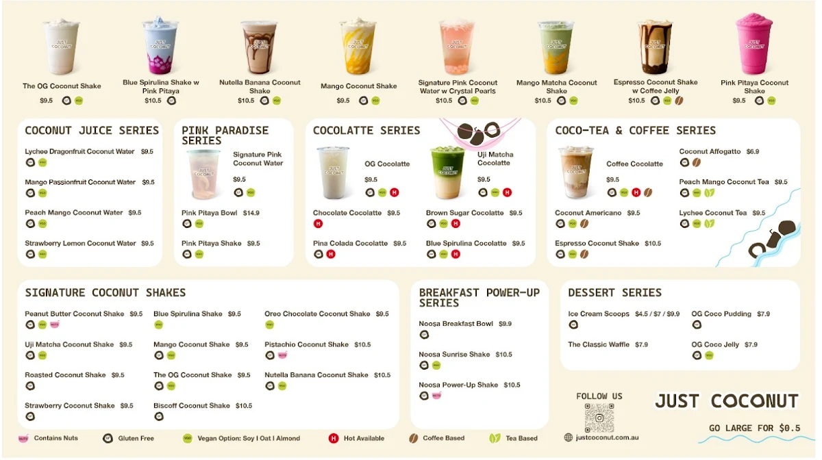 Menu, Just Coconut Noosa Heads (Bay Village)