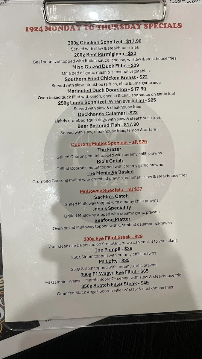 Menu, 1924 RiverFront Steakhouse