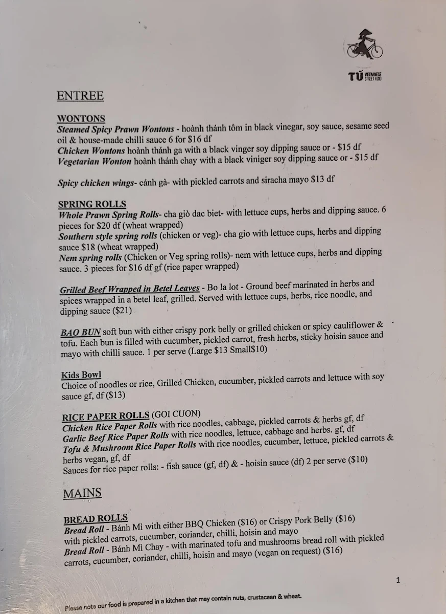 Menu, Tu Vietnamese Street Food