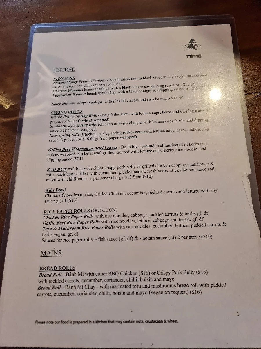 Menu, Tu Vietnamese Street Food