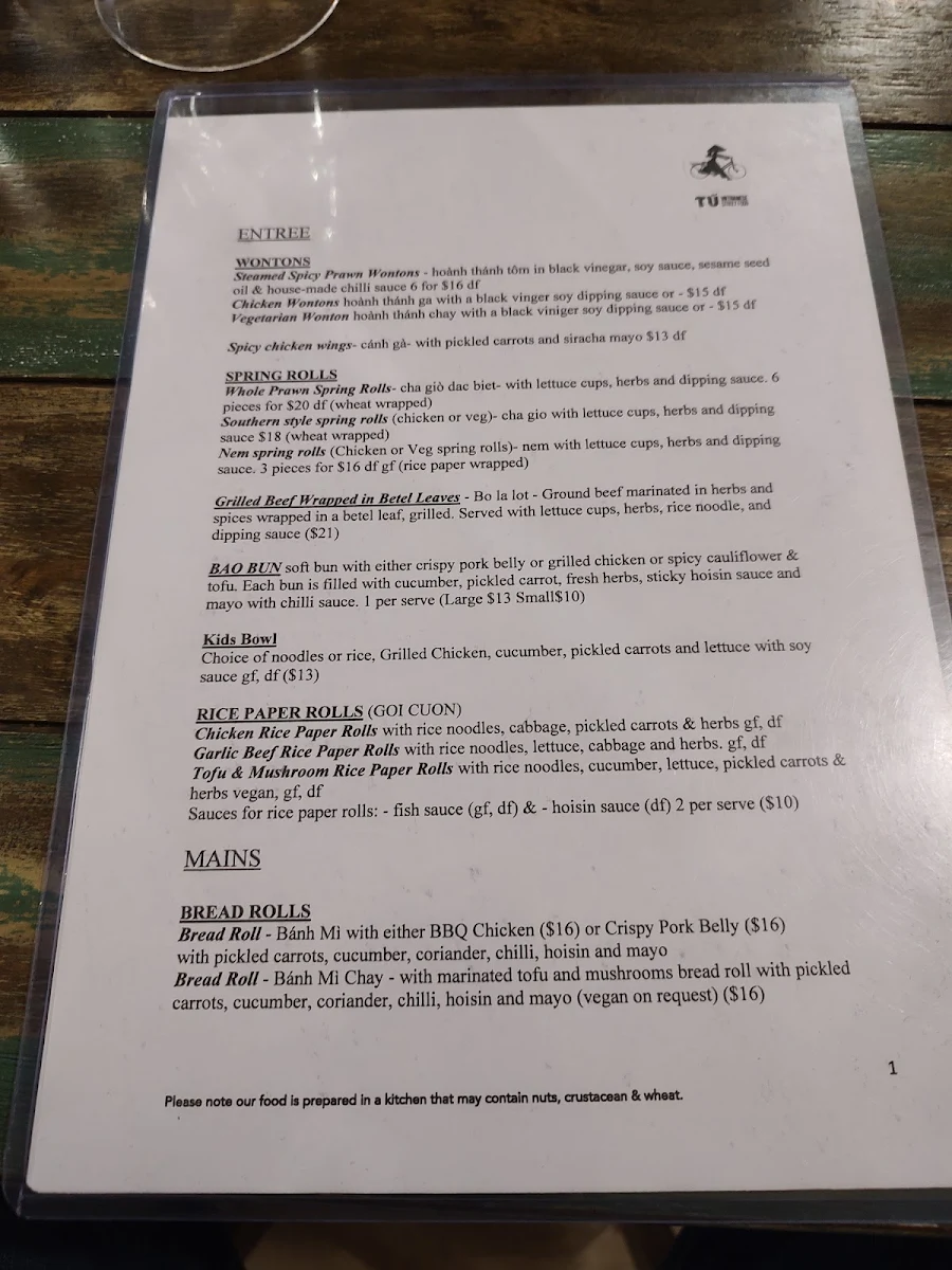 Menu, Tu Vietnamese Street Food