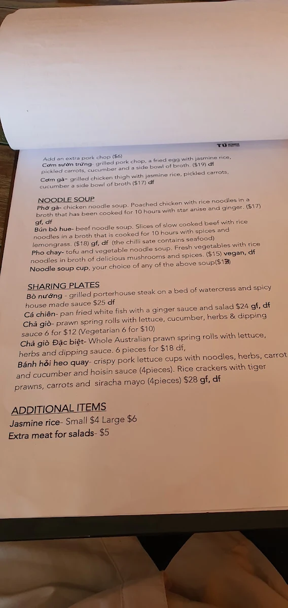 Menu, Tu Vietnamese Street Food