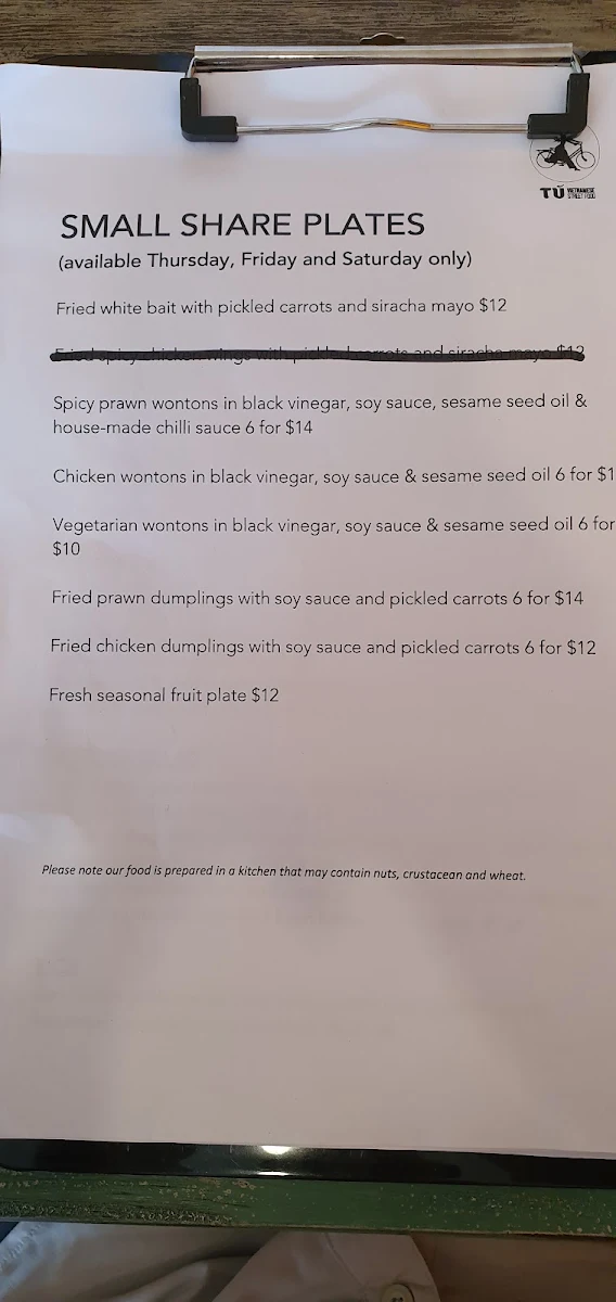 Menu, Tu Vietnamese Street Food