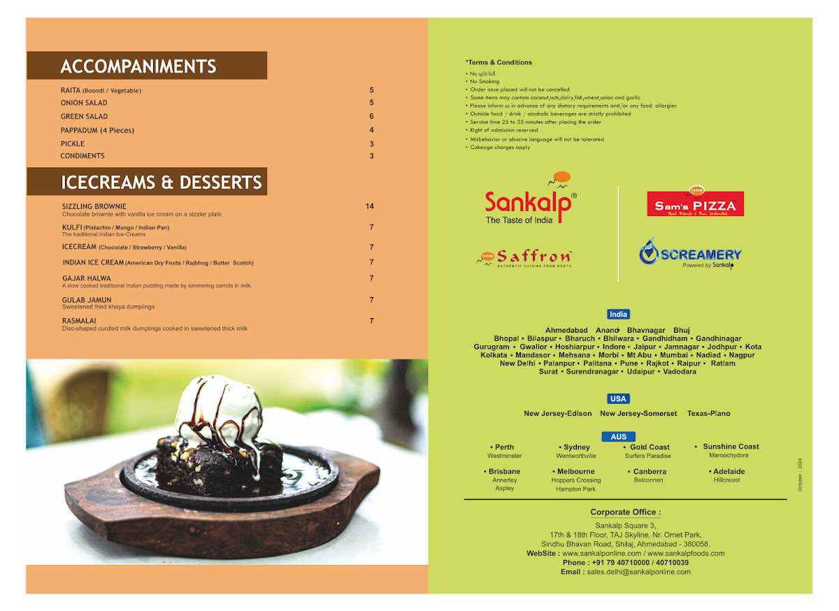 Menu, Sankalp Indian Restaurant - Southern River