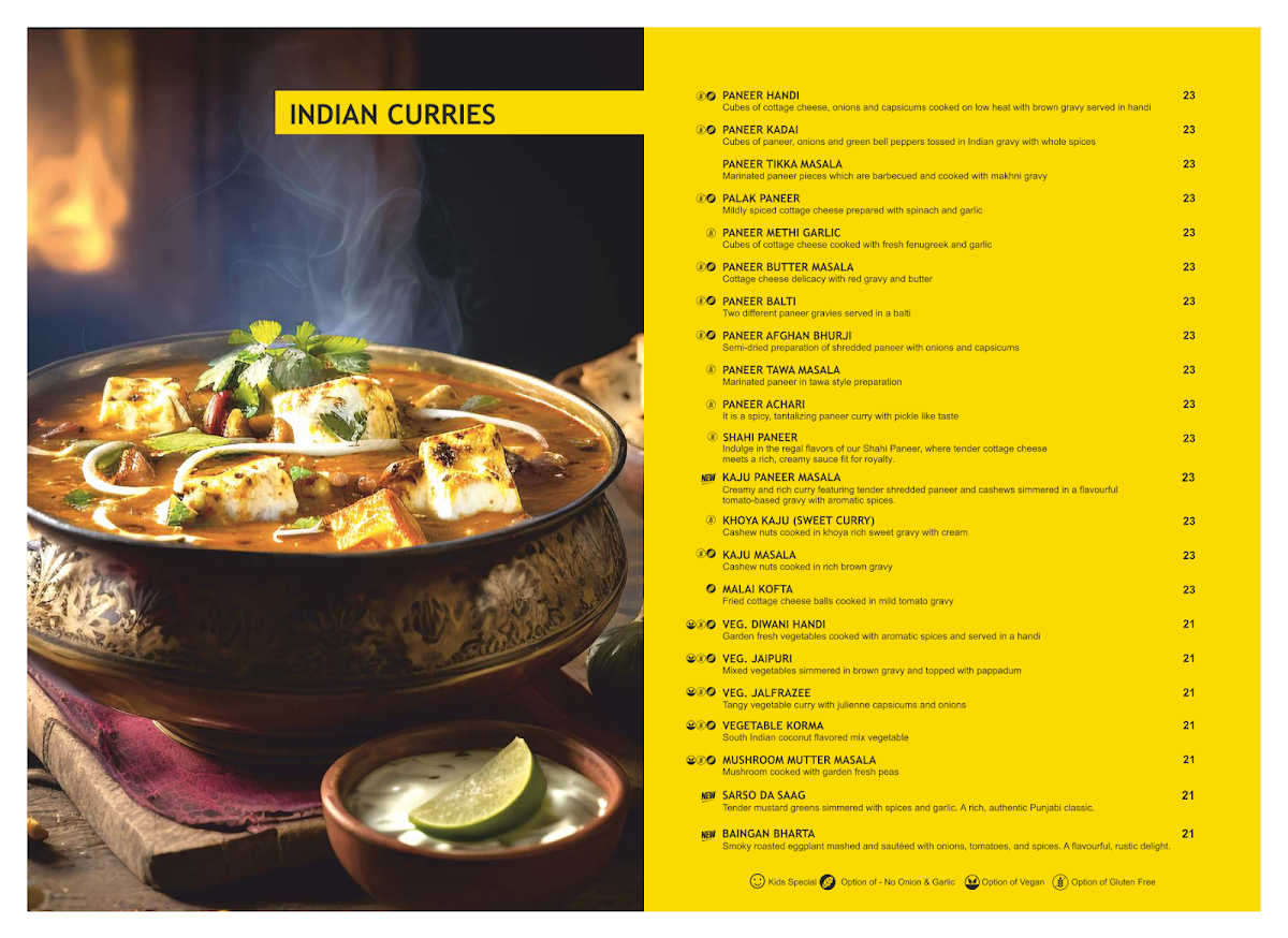 Menu, Sankalp Indian Restaurant - Southern River