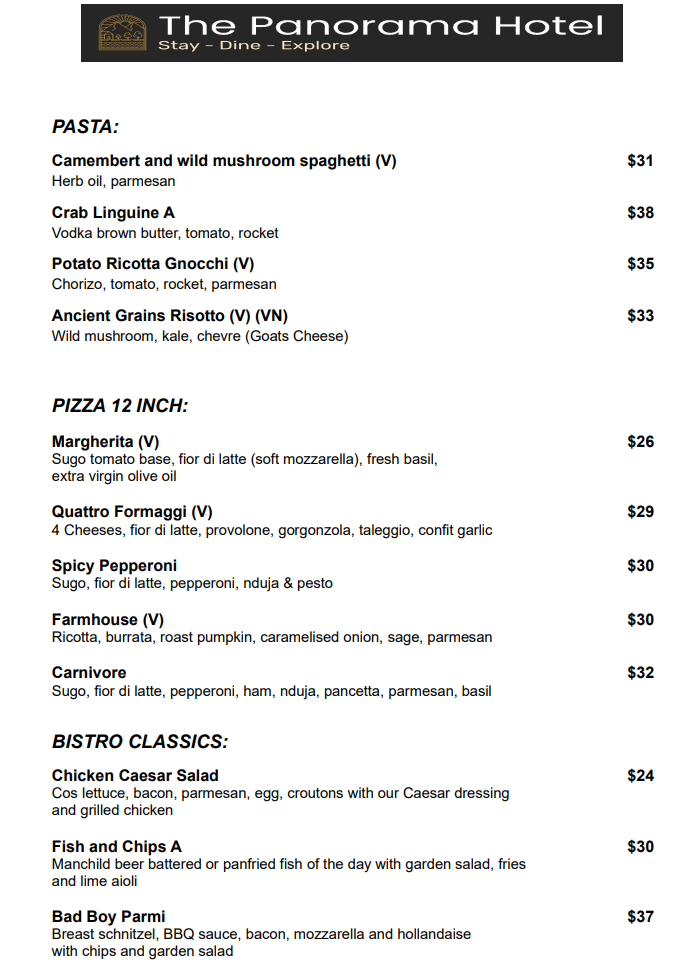 Menu, The Panorama Bistro & Bar