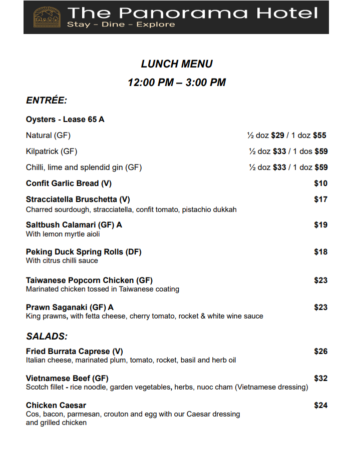 Menu, The Panorama Bistro & Bar