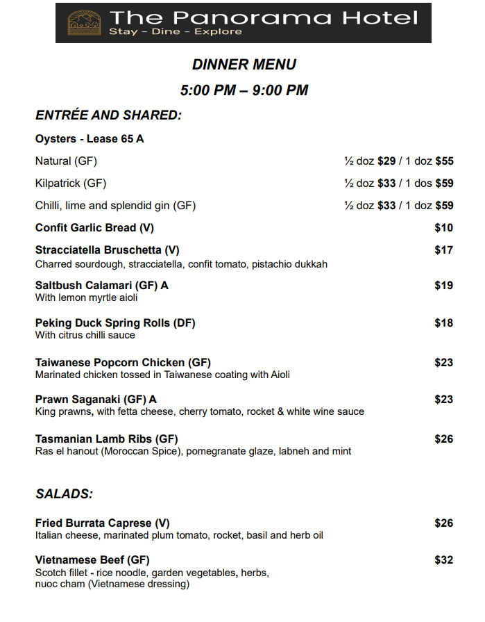 Menu, The Panorama Bistro & Bar