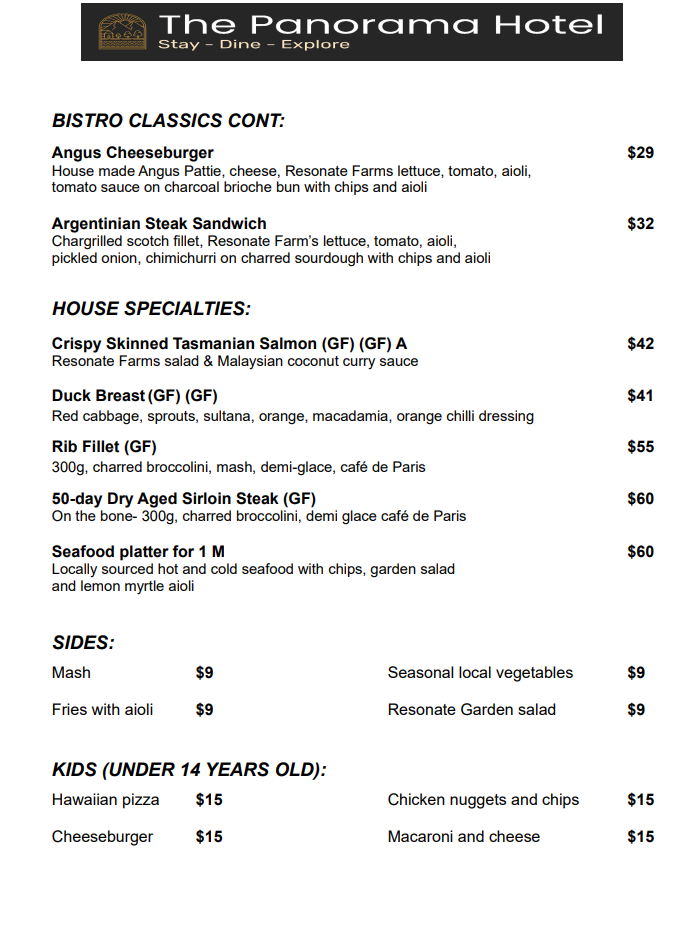 Menu, The Panorama Bistro & Bar