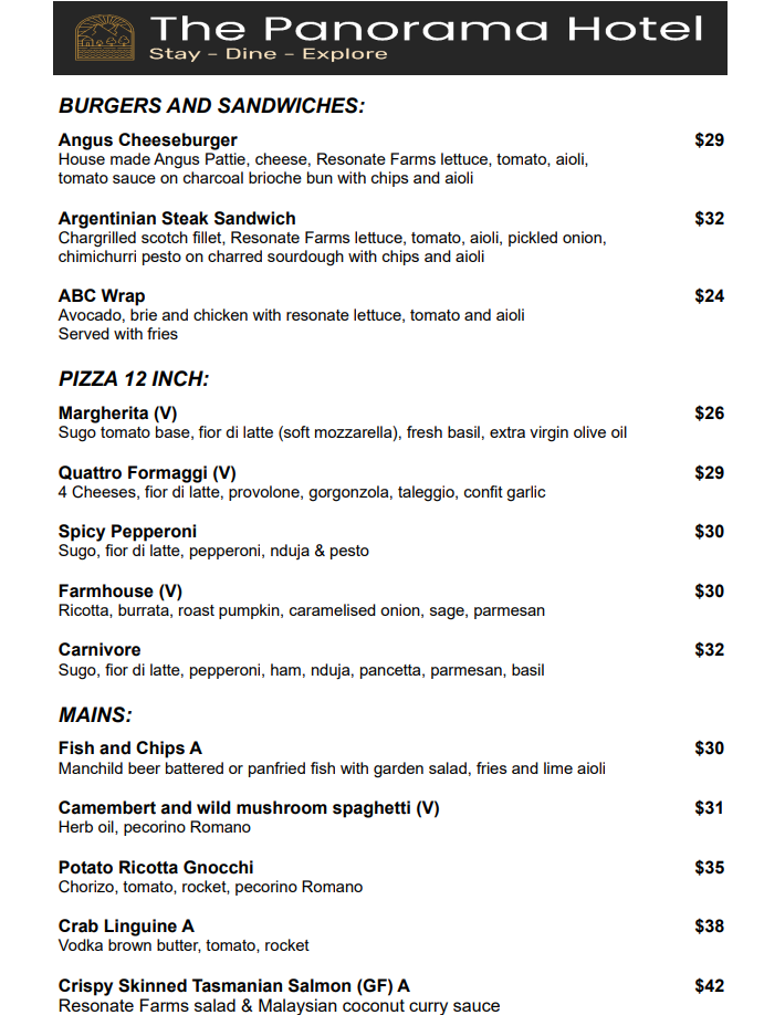 Menu, The Panorama Bistro & Bar