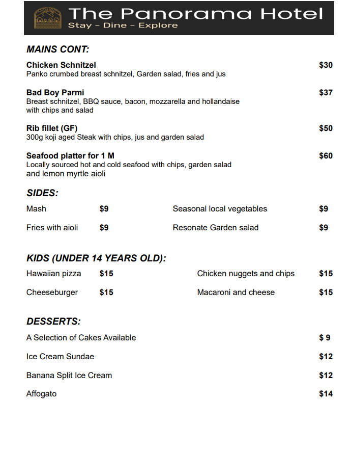 Menu, The Panorama Bistro & Bar