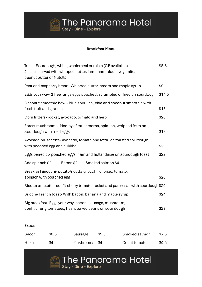 Menu, The Panorama Bistro & Bar