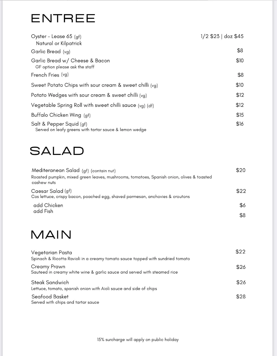 Menu, The Panorama Bistro & Bar