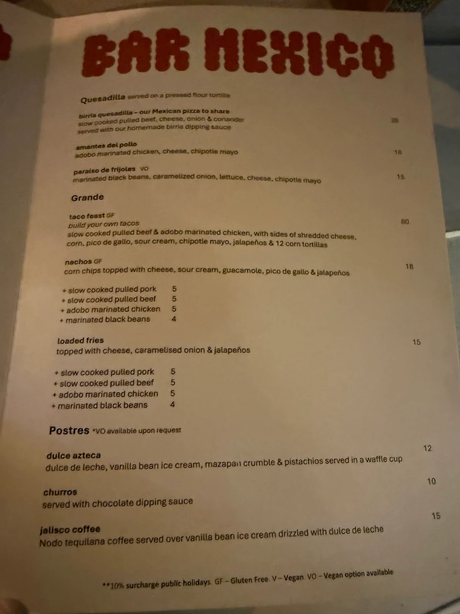Menu, Bar Mexico