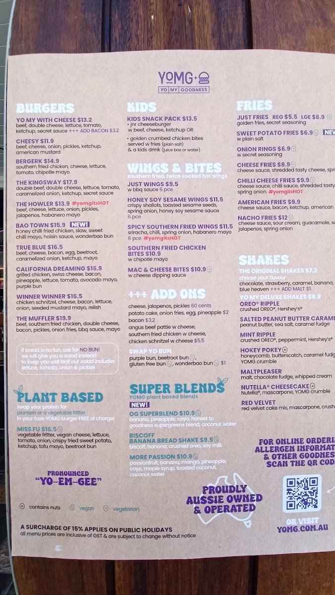 Menu, YOMG Chermside