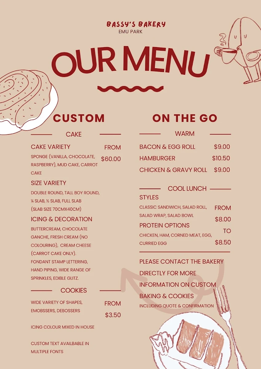 Menu, Bassy's Bakery