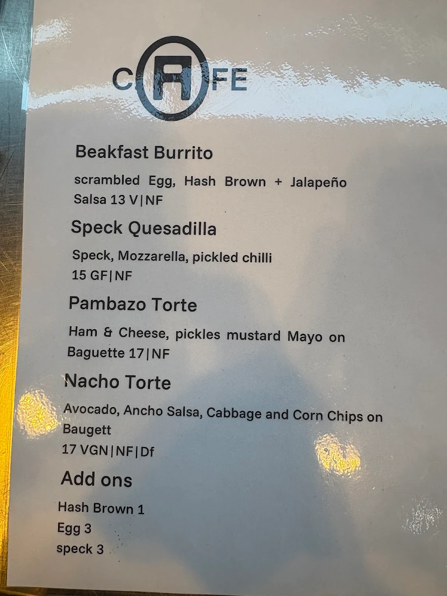 Menu, Cafe Arre