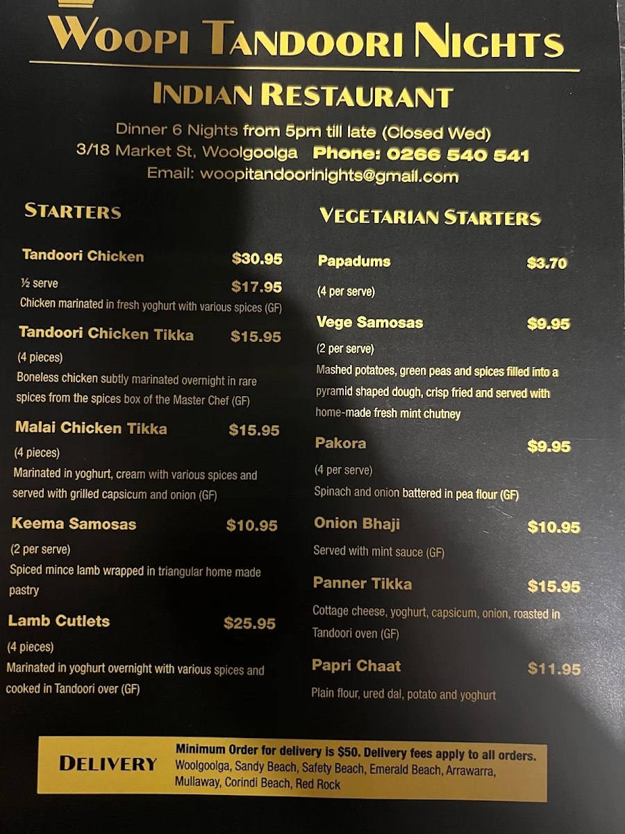 Menu, Woopi Tandoori Nights Indian Restaurant