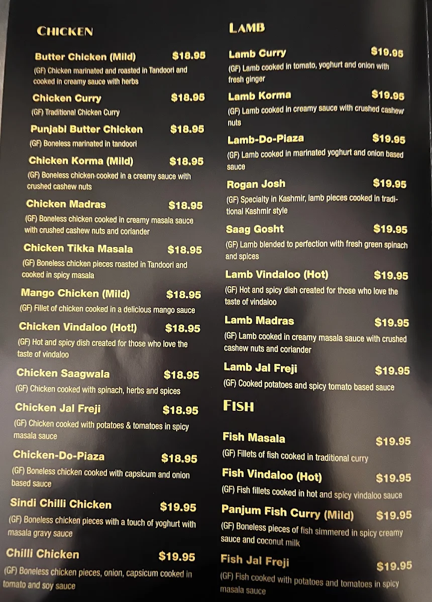 Menu, Woopi Tandoori Nights Indian Restaurant