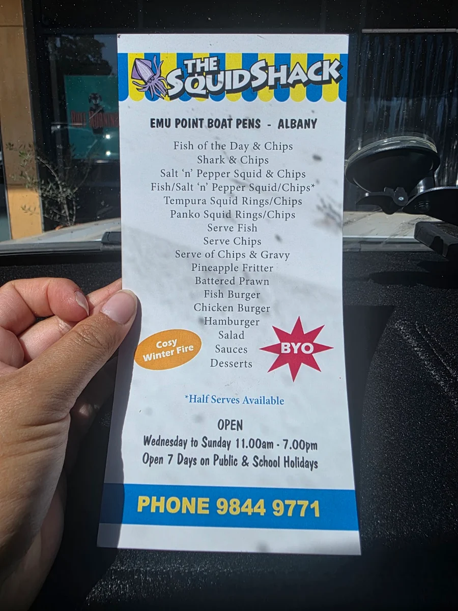 Menu, The Squid Shack