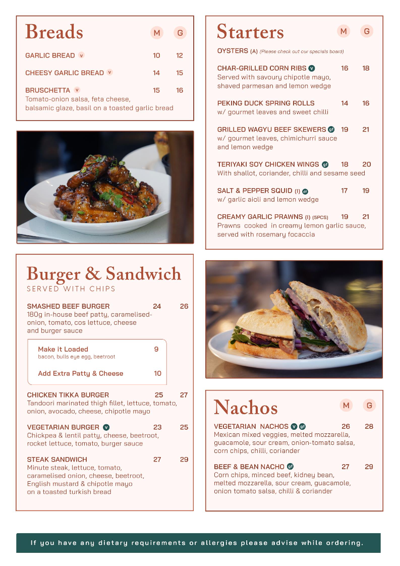 Menu, Taja Brasserie Shoalhaven Heads