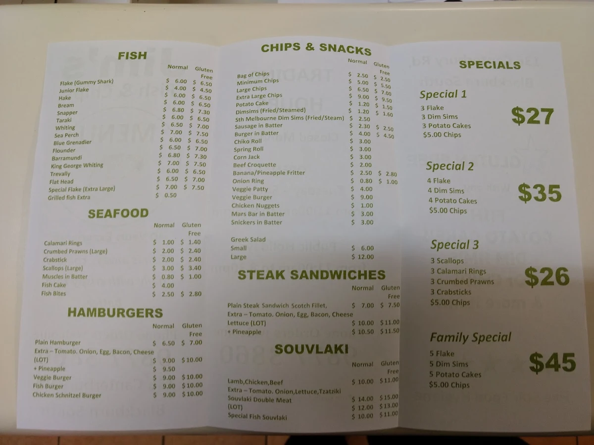 Menu, Jim's Fish & Chips