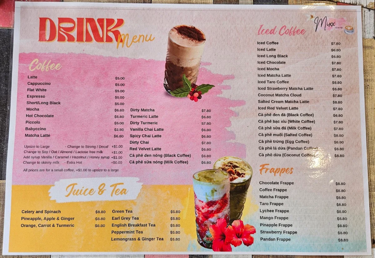 Menu, Mixx Cafe