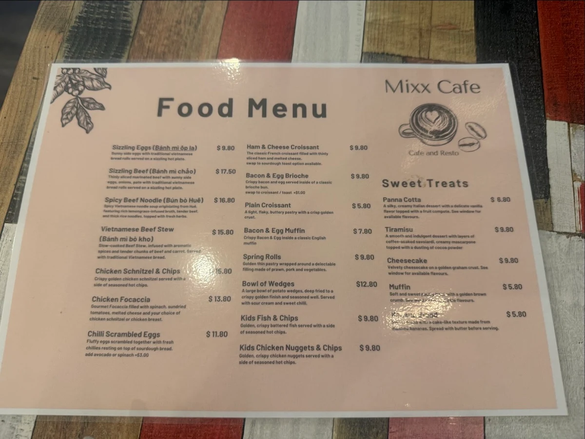 Menu, Mixx Cafe