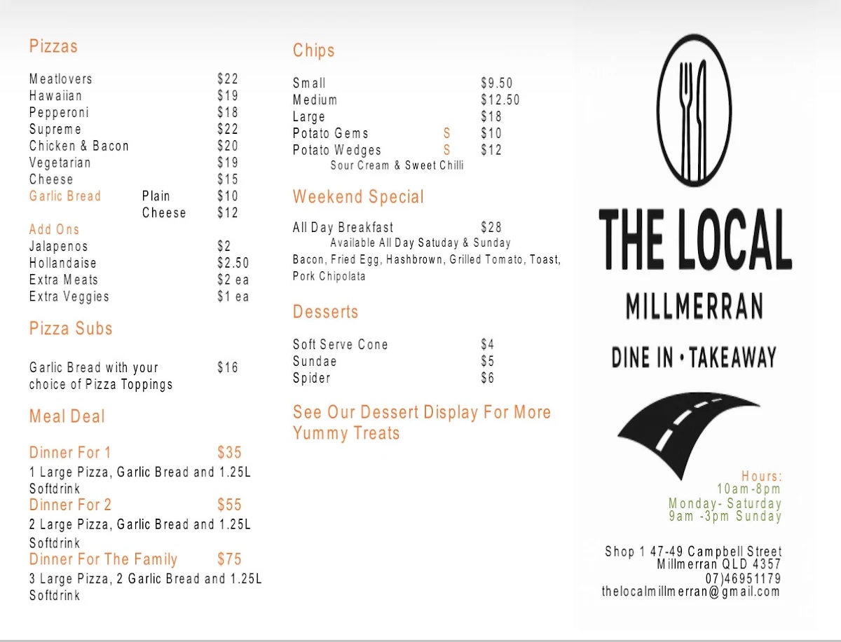 Menu, The Local Millmerran