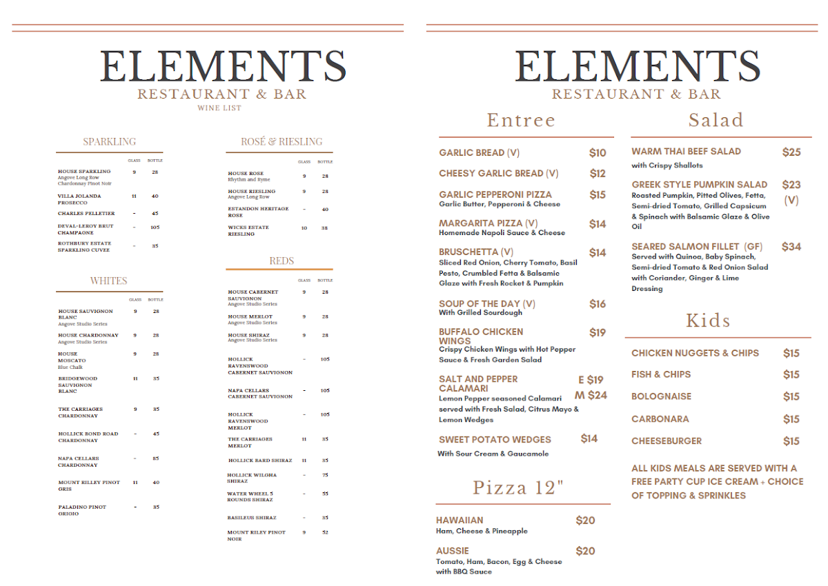 Menu, Elements Restaurant & Bar Warrnambool