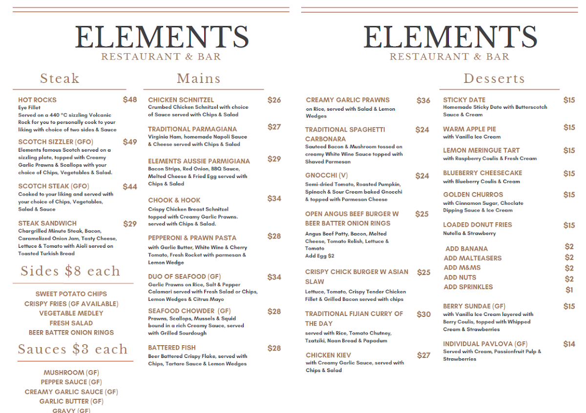 Menu, Elements Restaurant & Bar Warrnambool