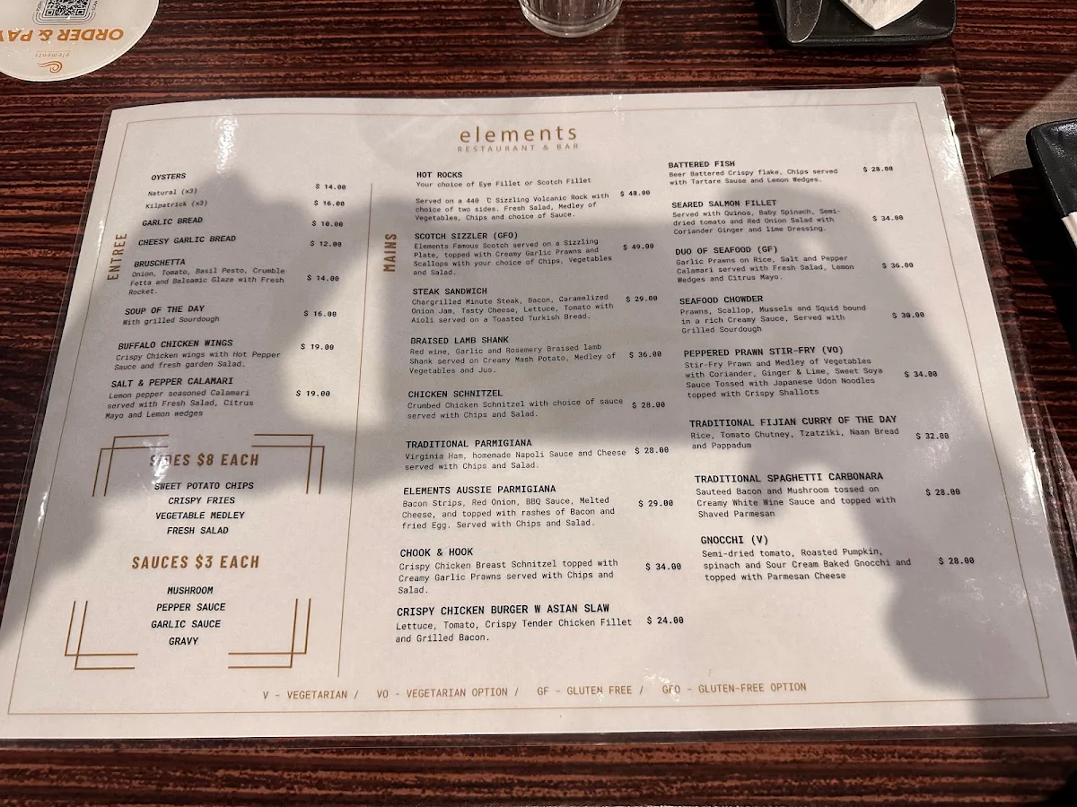 Menu, Elements Restaurant & Bar Warrnambool