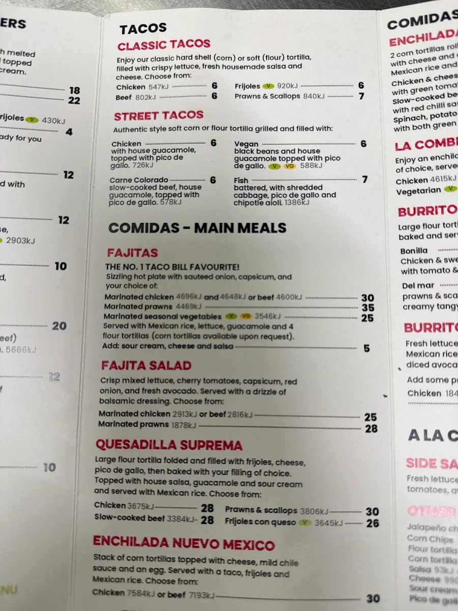 Menu, Taco Bill - Sunbury