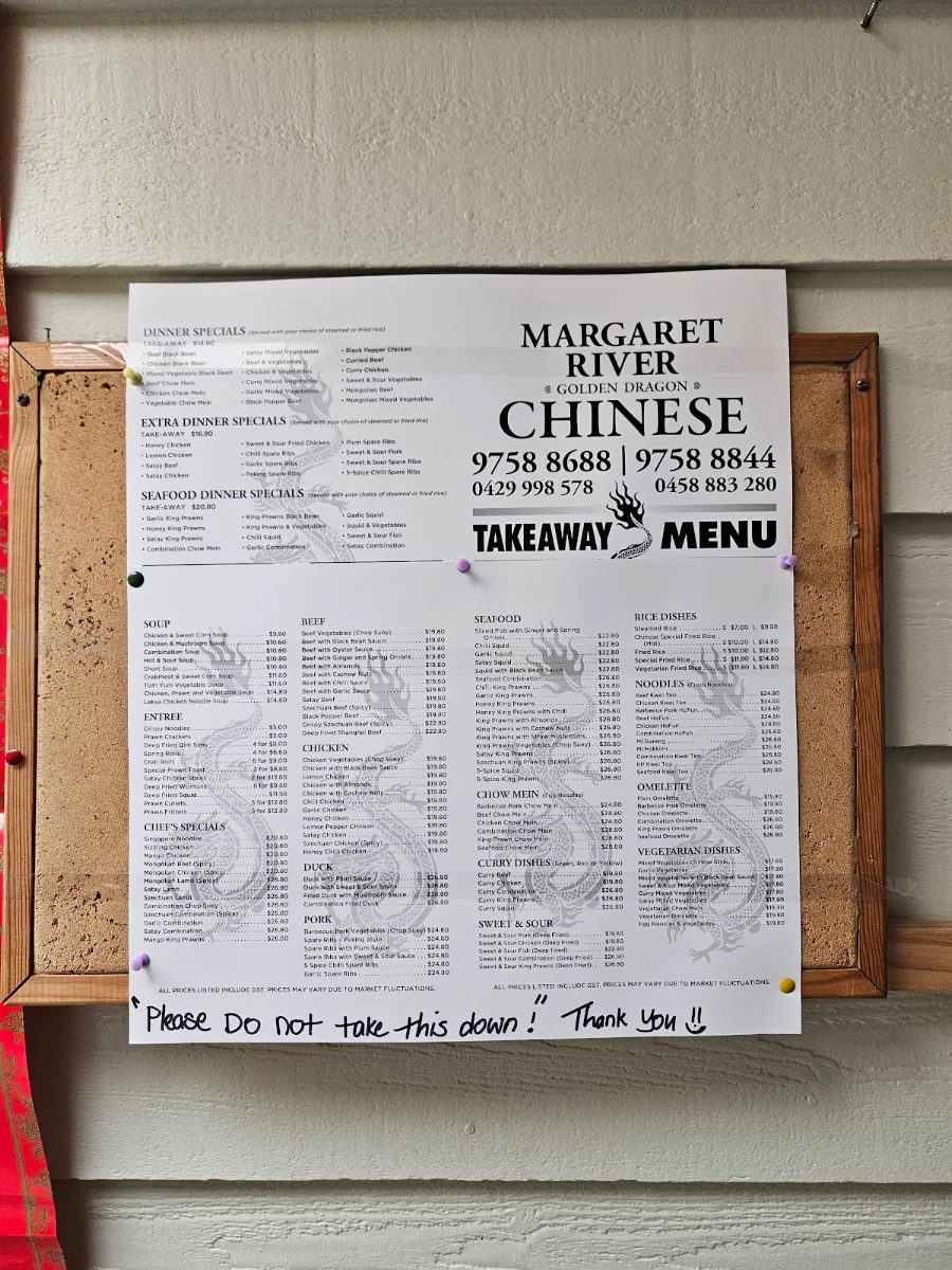 Menu, Golden Dragon Chinese Restaurant