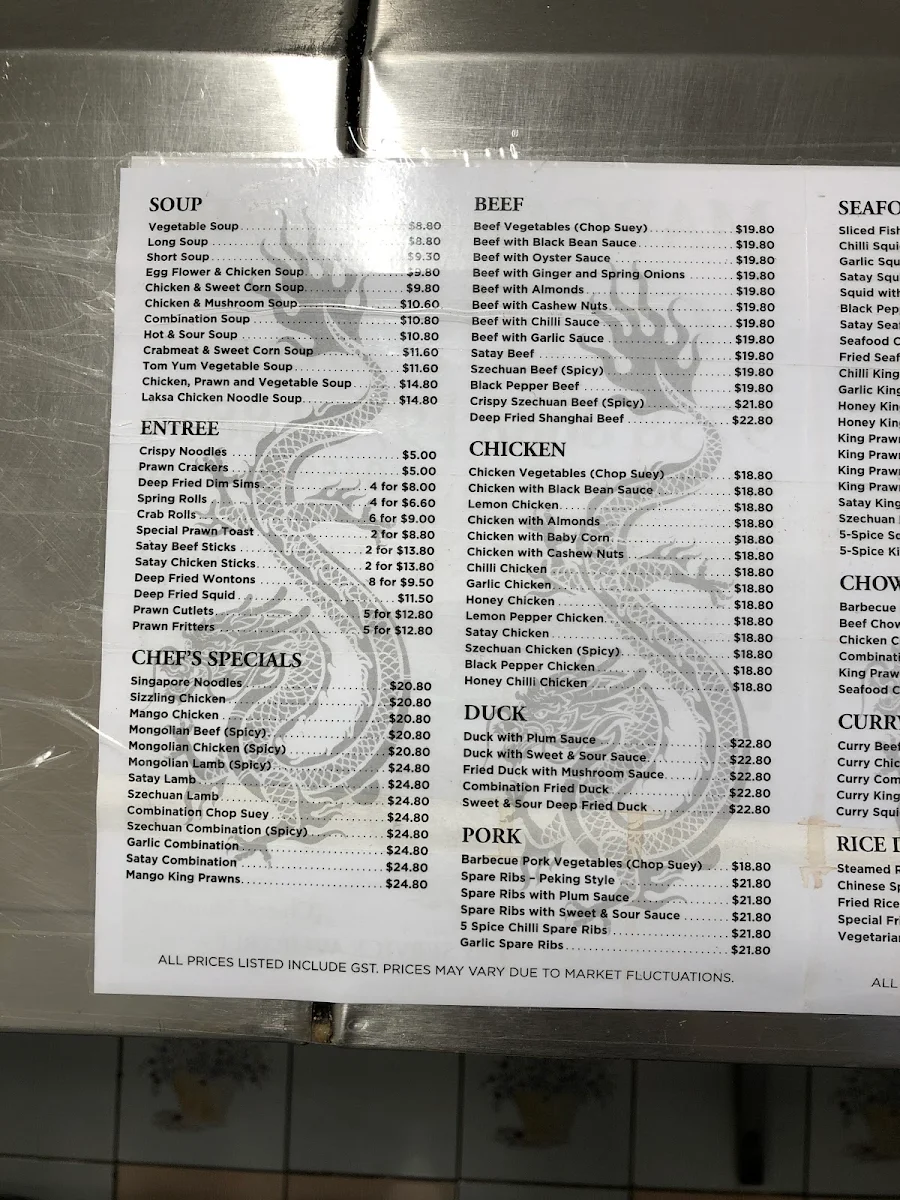 Menu, Golden Dragon Chinese Restaurant