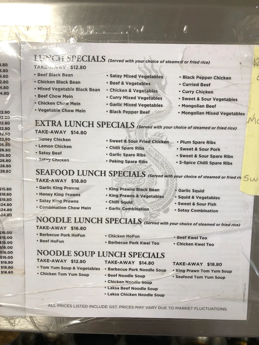 Menu, Golden Dragon Chinese Restaurant